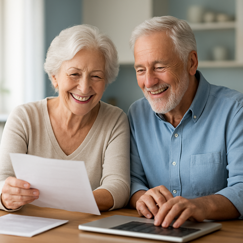 A licensed agent helping a senior couple review their Medicare plan options at home